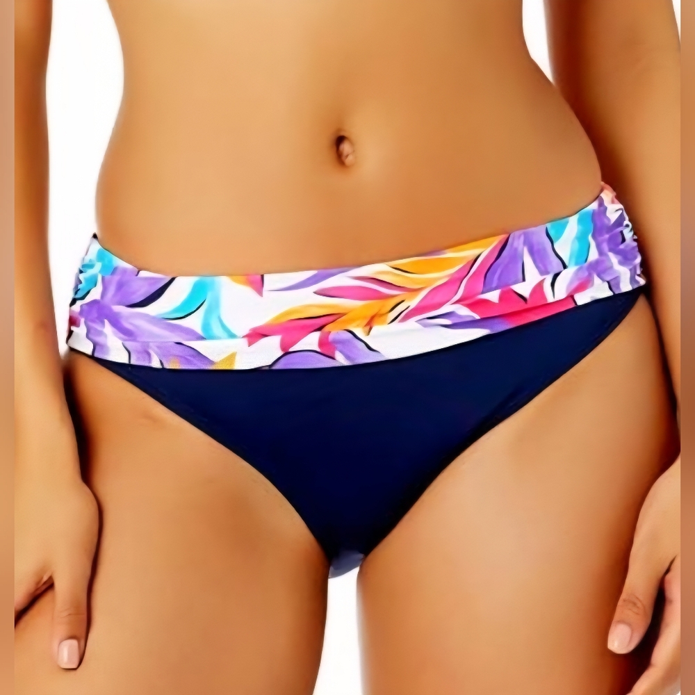 Anne Cole Women's Fold-Over Printed- Waistband Bikini Bottoms_White Print, XL